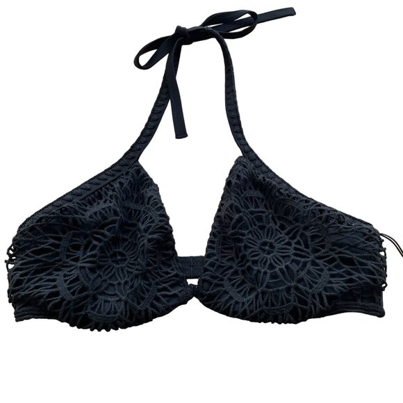 SHADE & SHORE CROCHET BIKINI TOP TRIANGLE WOMEN'S 34C HALTER BLACK NWT - Picture 3 of 6